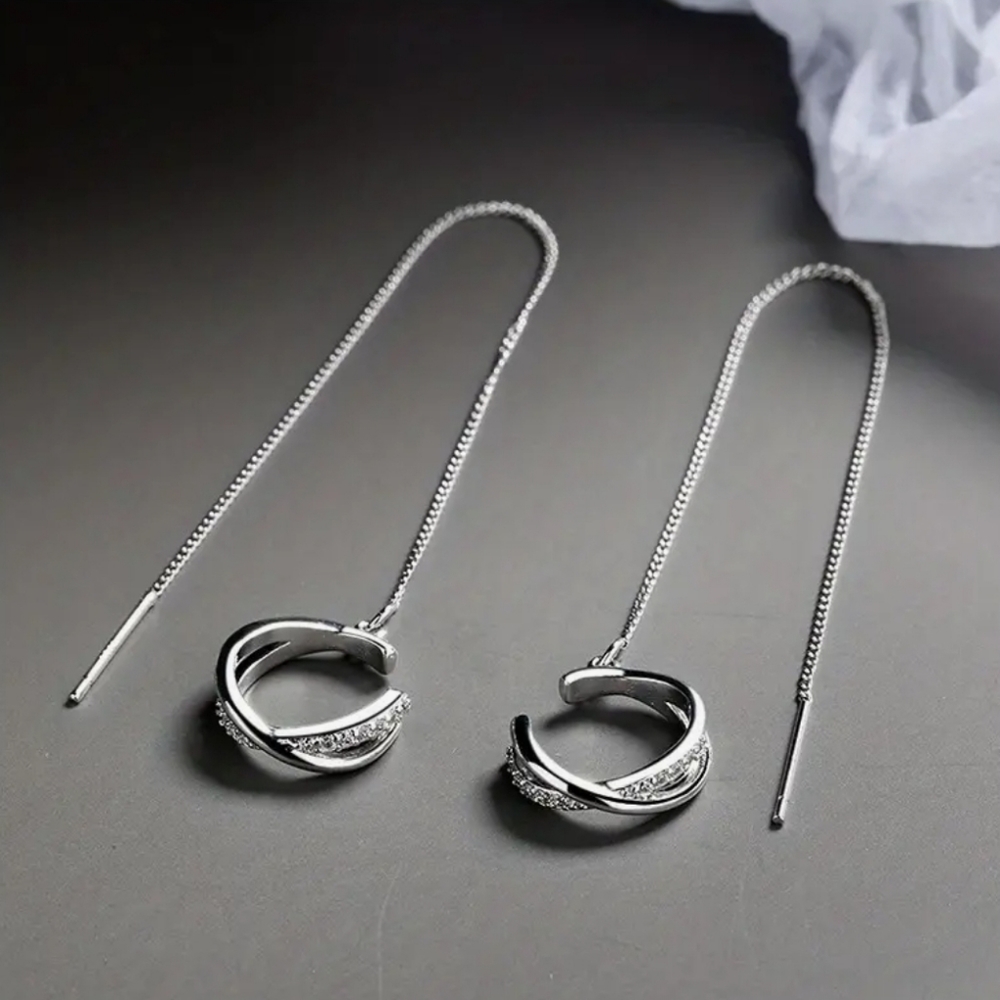 1 Pair SILVER THREADER EARRINGS WITH ATTACHED CZ PAVE CUFFS 925 - Picture 6 of 9